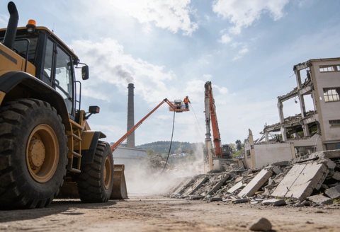Safe Demo Dallas industrial demolition project clearing large structure with heavy machinery and dust control